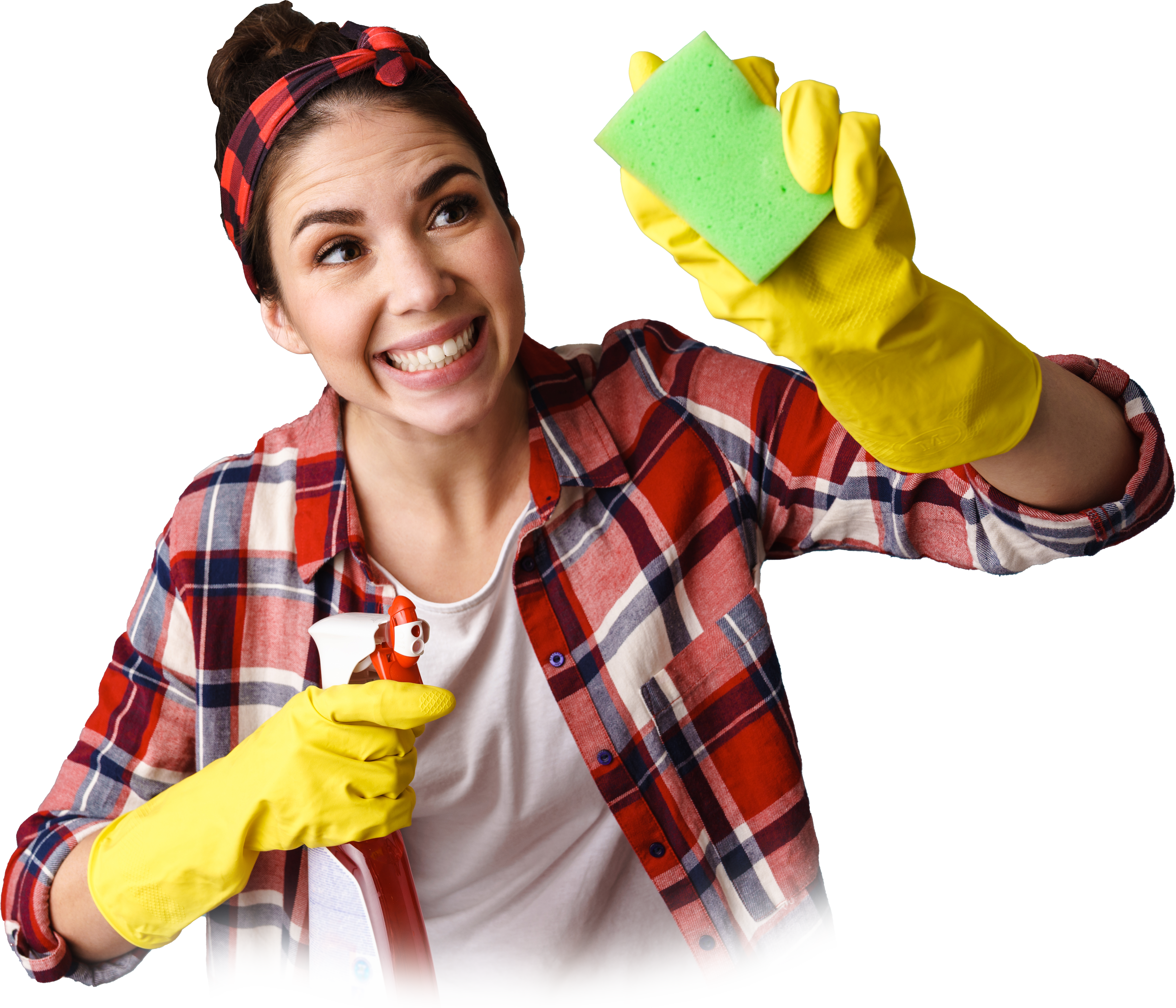 Smiling cleaner holding a sponge and a spray bottle